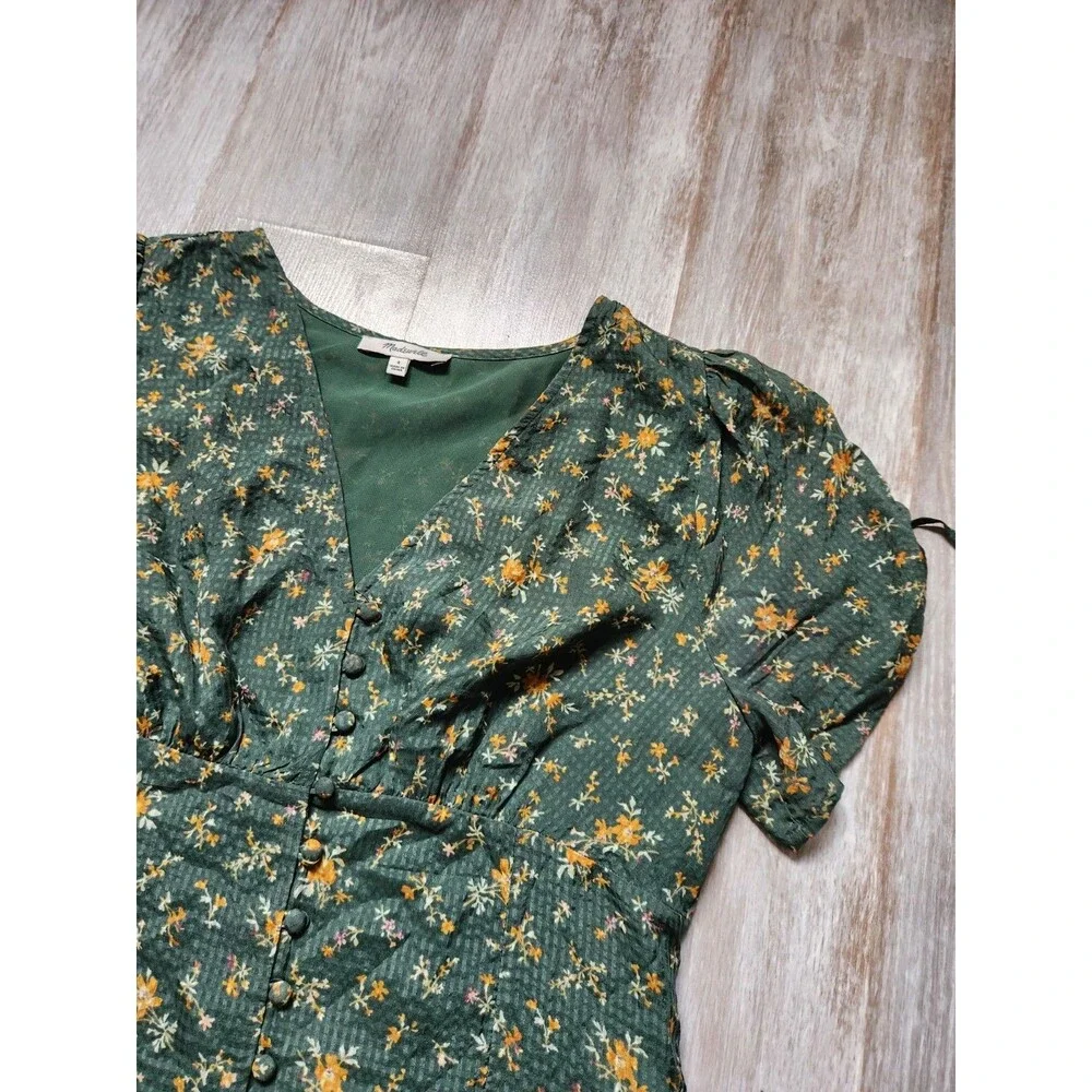 Madewell 100% Silk Floral Blouse Women 4 Green Puff Sleeve Button Front Top EUC